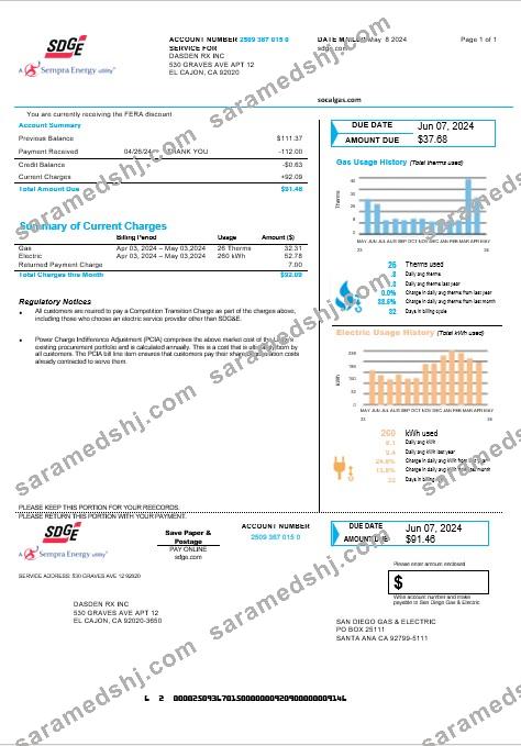 USA California San Diego Gas & Electric (SDG&E) business utility bill template in Word and PDF formats